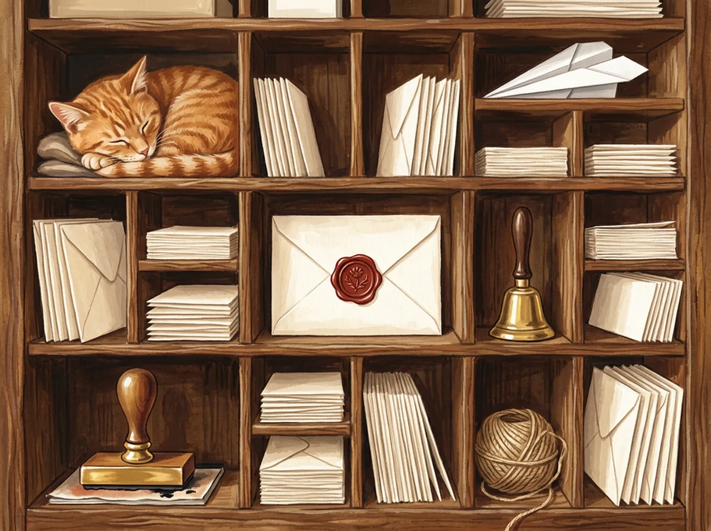 An antique wooden pigeonhole cabinet full of cream envelopes; a ginger cat sleeps in one cubby, a paper airplane rests in another, and there's a wax-sealed letter, a brass bell, a rubber stamp and a ball of twine.