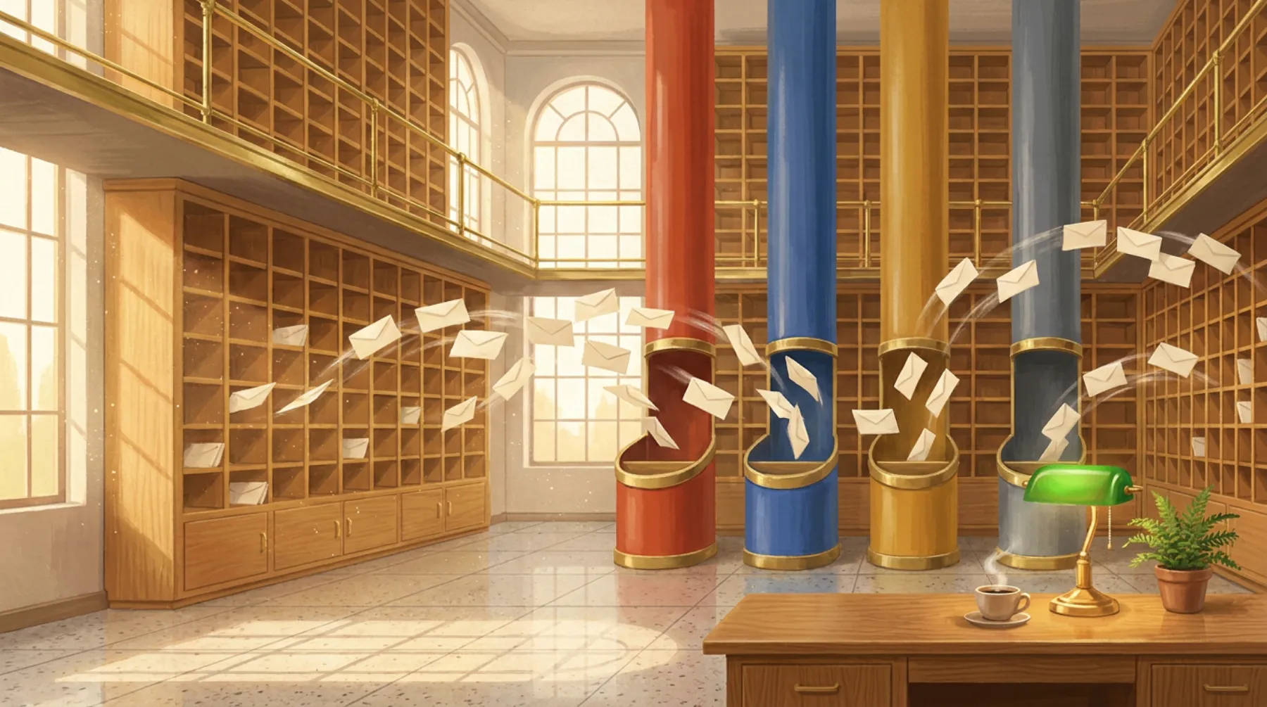 A sunlit mid-century sorting hall: walls of wooden pigeonholes, envelopes arcing through the air into four brass-trimmed chutes painted red, blue, ochre and gray, and a tidy desk with a green lamp, a fern and a steaming coffee.